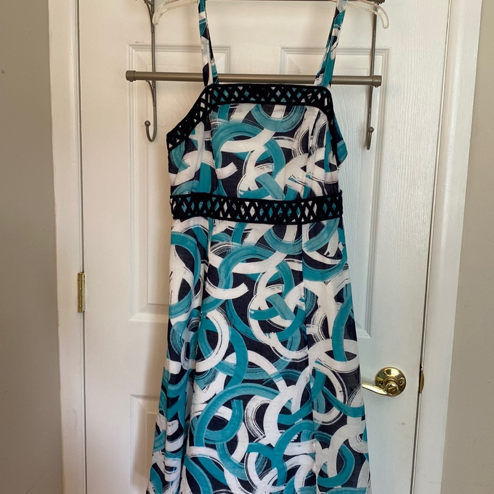 Turquoise, navy, and white dress with embellished neckline and waist from Merona